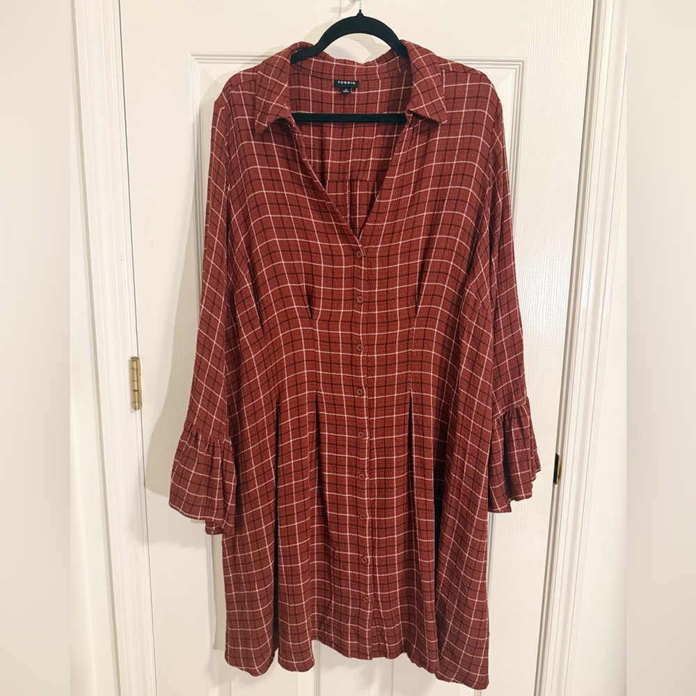Torrid Long Sleeve Plaid Dress in Rust Red